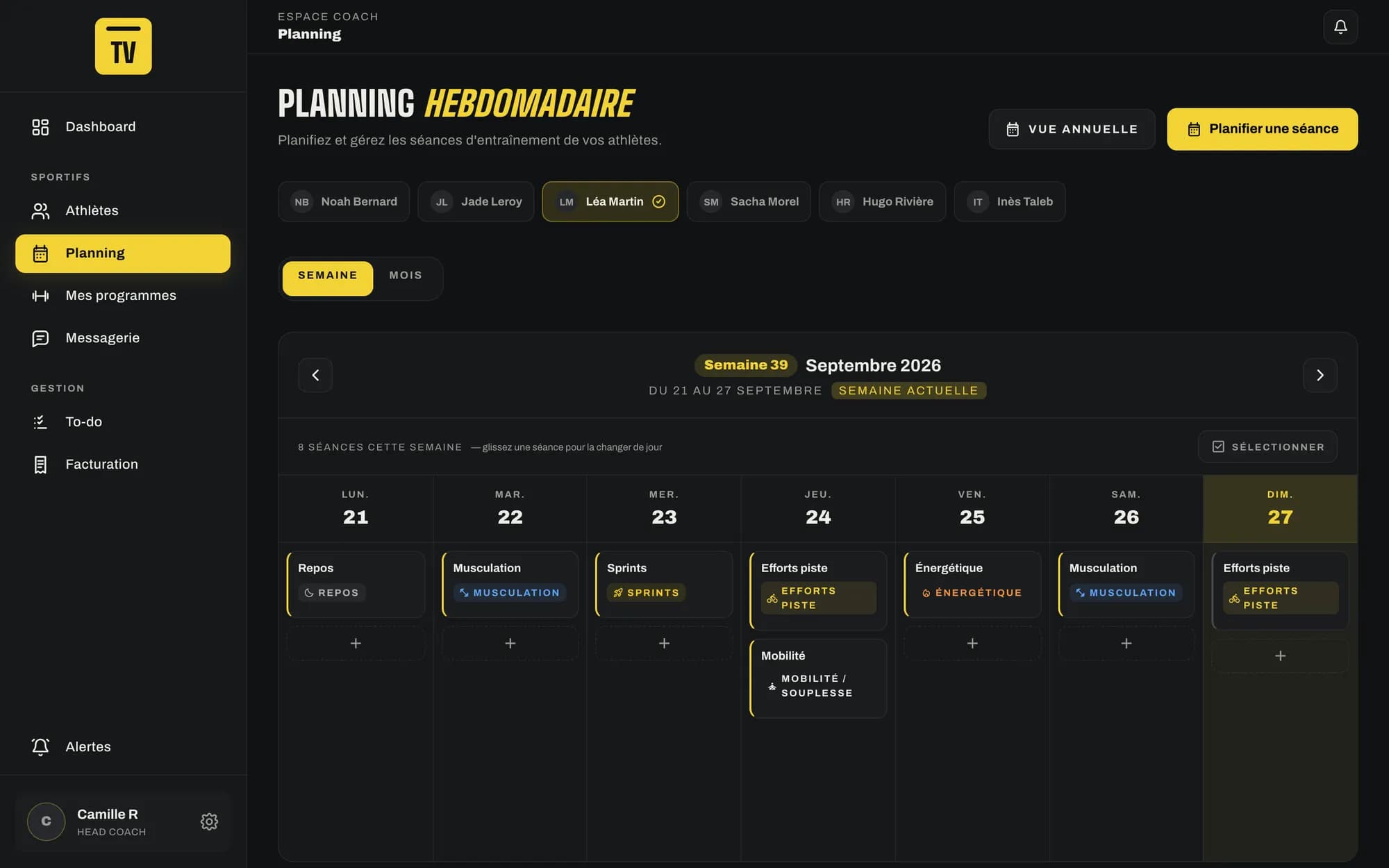 Planning hebdomadaire d'une athlète dans l'espace coach