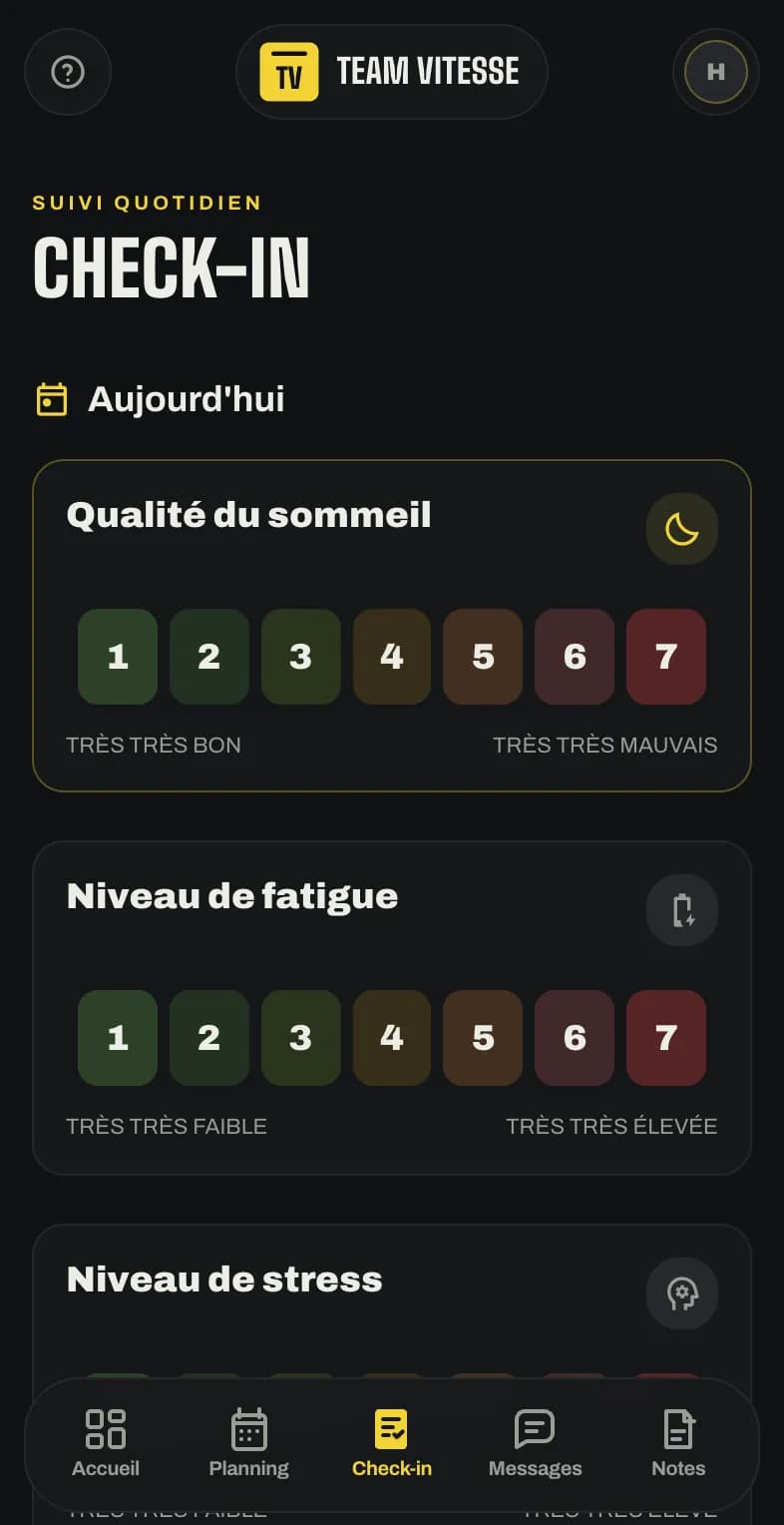 Écran de check-in de l'athlète : qualité du sommeil, fatigue et stress notés de 1 à 7